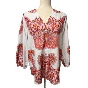 Collection by Cezele Women's S Blouse Top Boho Paisley Pink Orange Satin Flowy